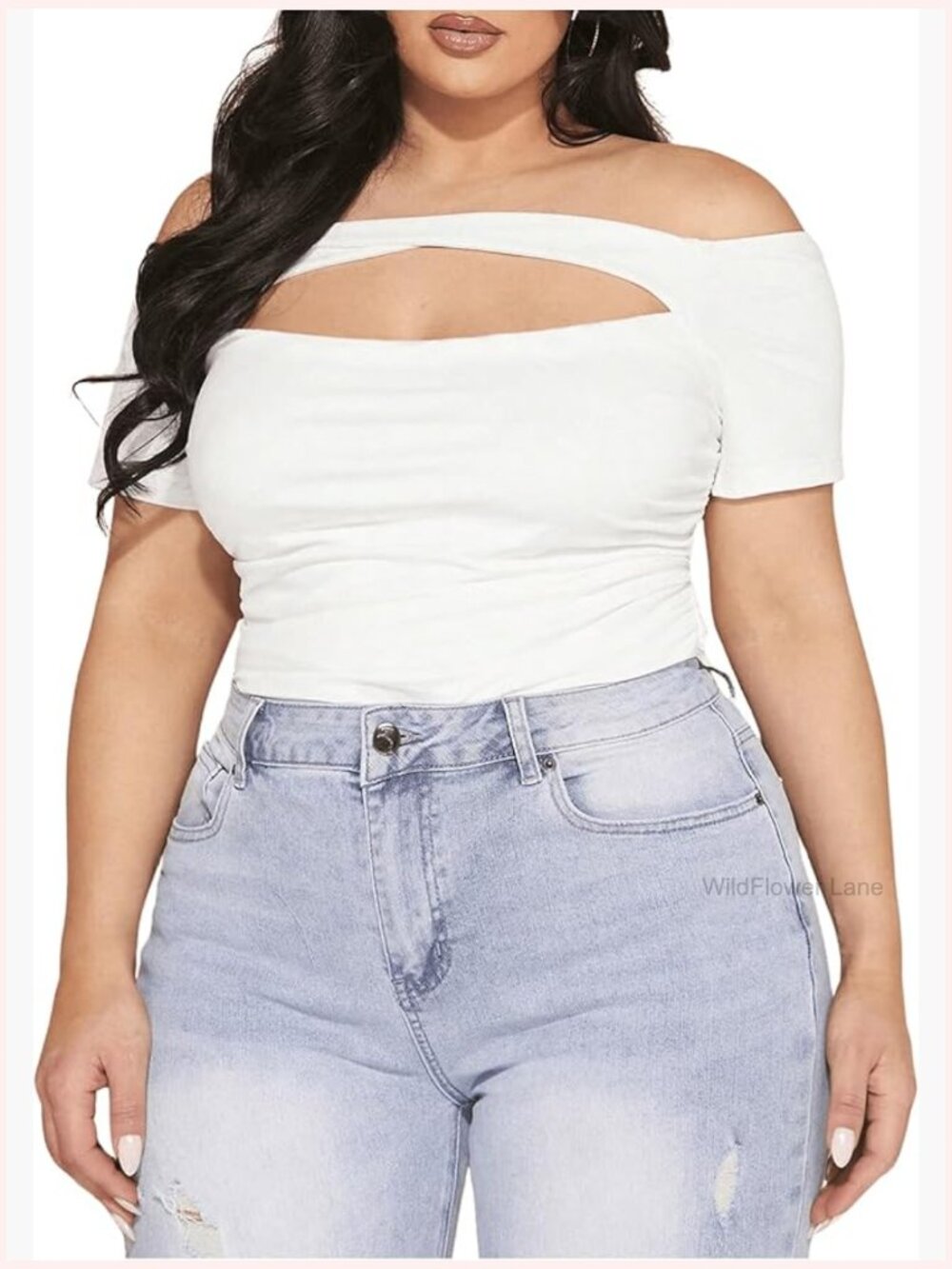 Plus Size Off Shoulder Cut Out Ruched Fitted T-Shirt Top